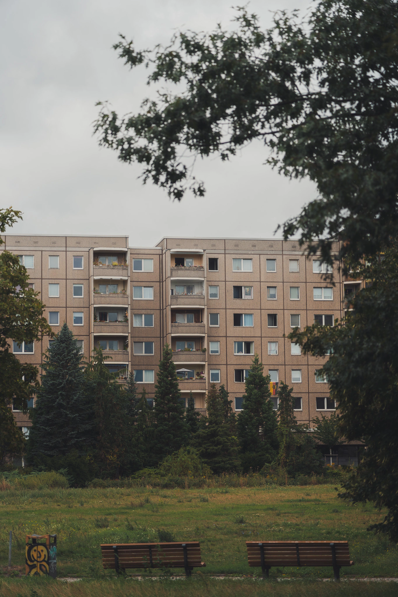 Housing block against a cloudy sky
