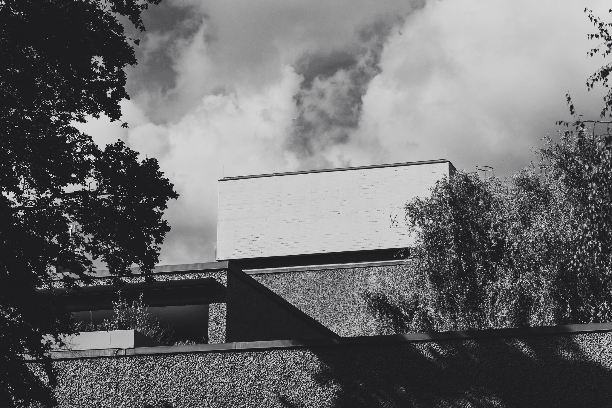 White volume above a textured concrete wall between trees, black and white