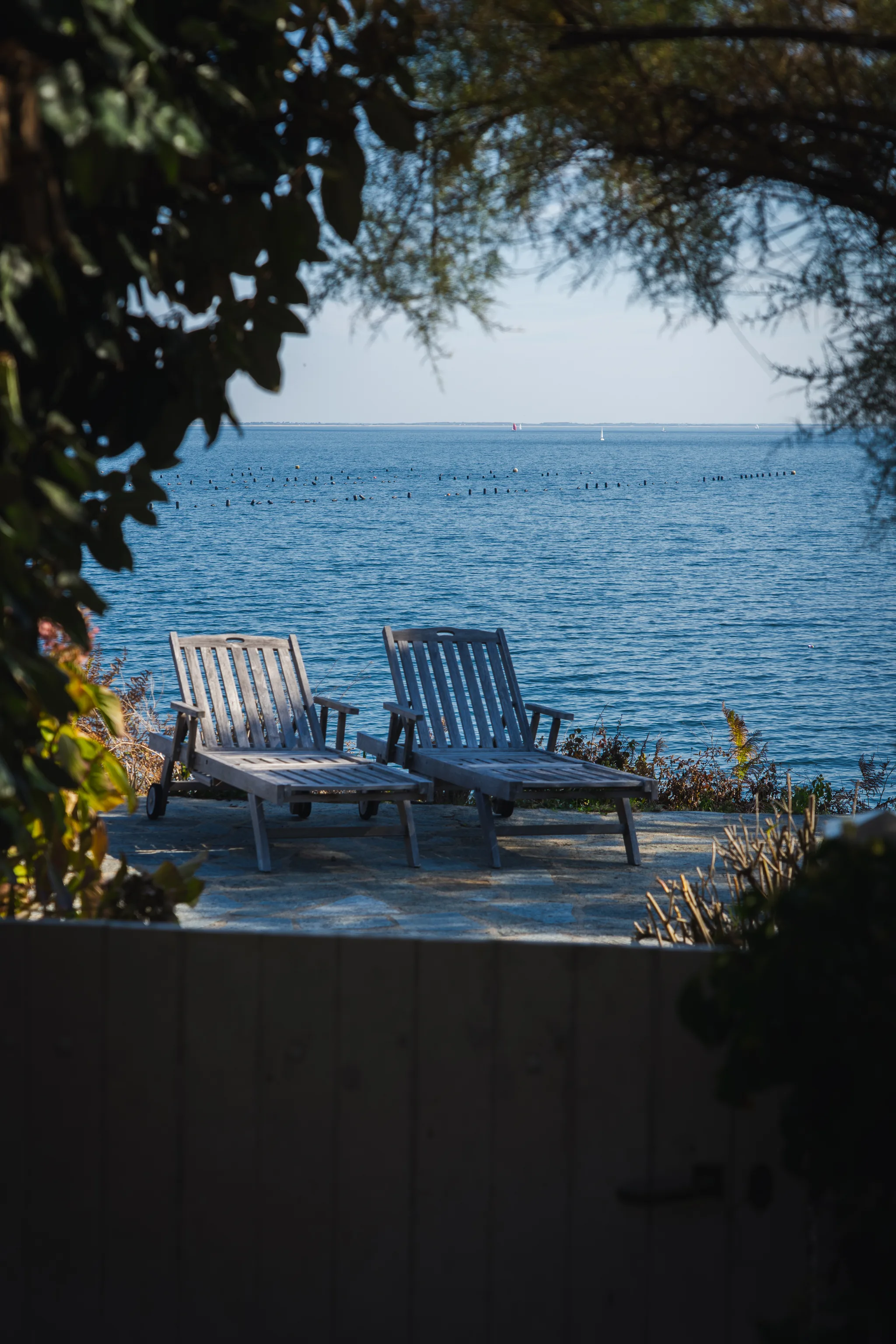 Two deckchairs on a terrace overlooking the sea, framed by trees
