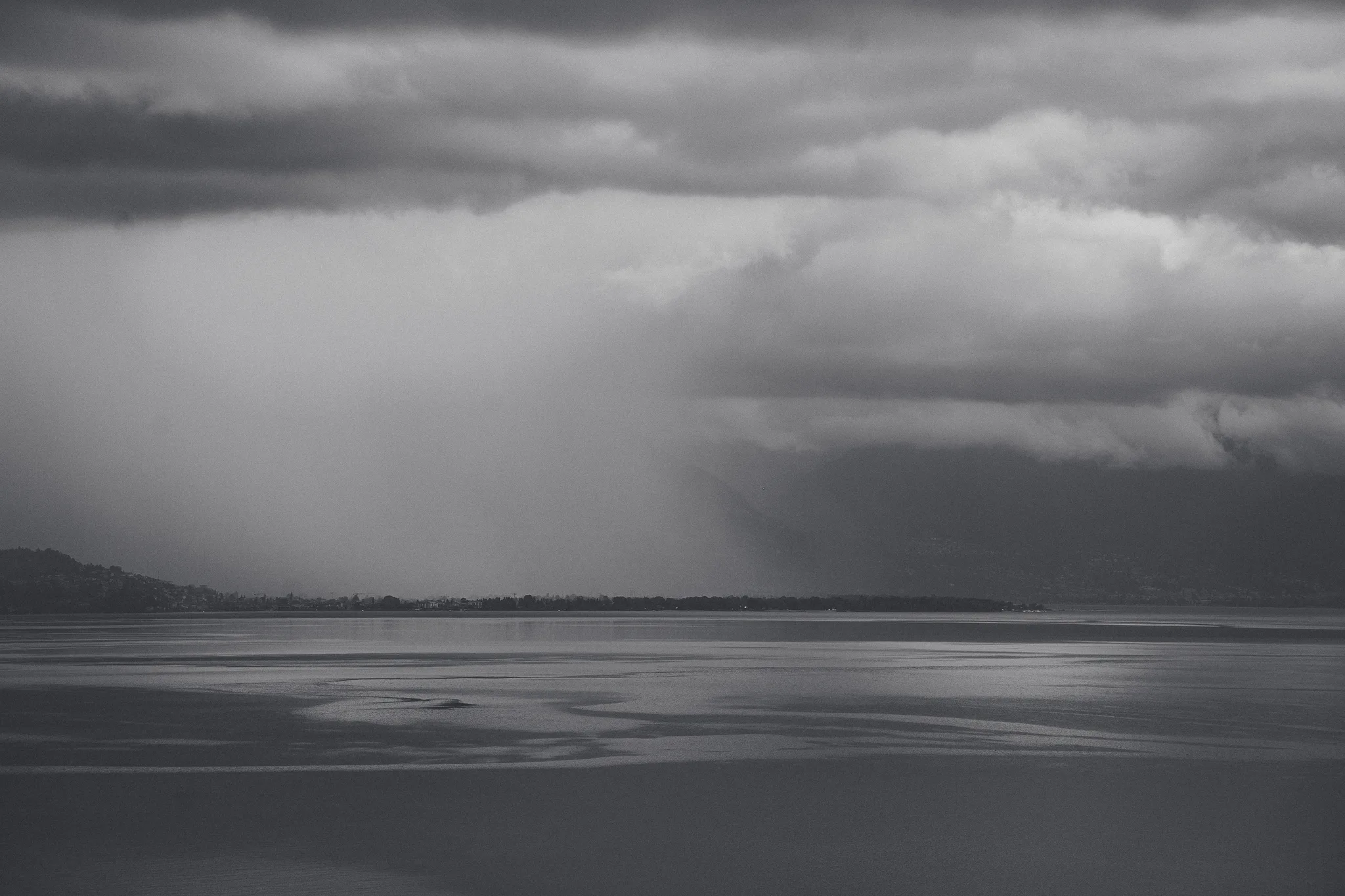 Rain curtain falling from heavy clouds over the flat delta at the head of the lake, black and white