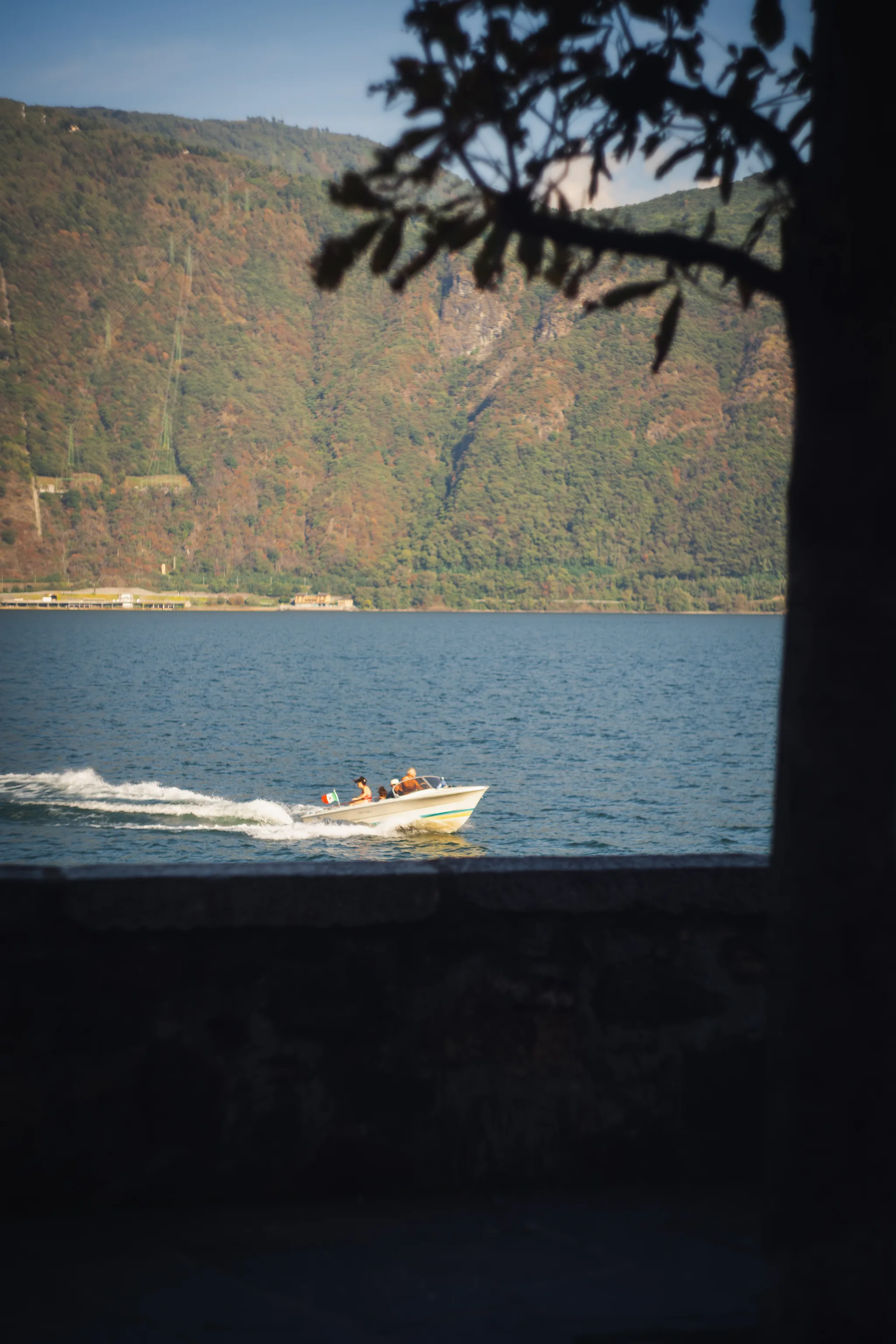 Motorboat crossing the lake, seen past a tree trunk and a wall