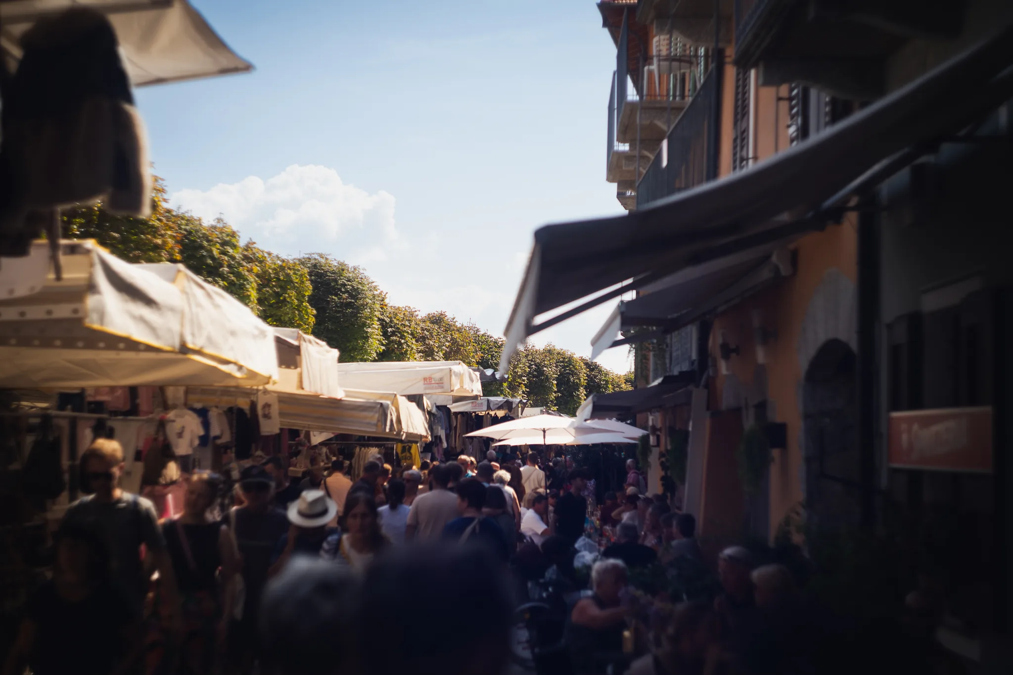 Crowded street market under white awnings along a row of trees